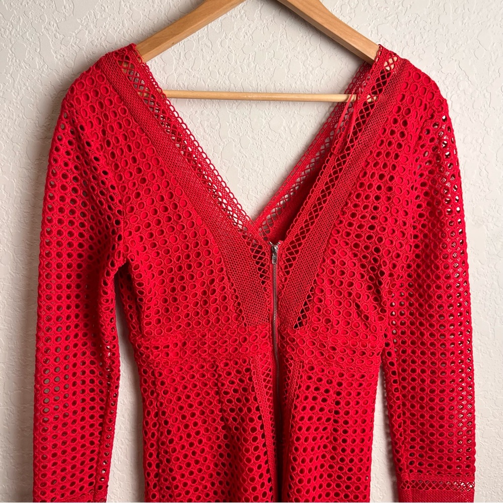 ASTR The Label Red Lace Bodycon Mini Dress Small S Long Sleeve Cutout Eyelet - Picture 8 of 11
